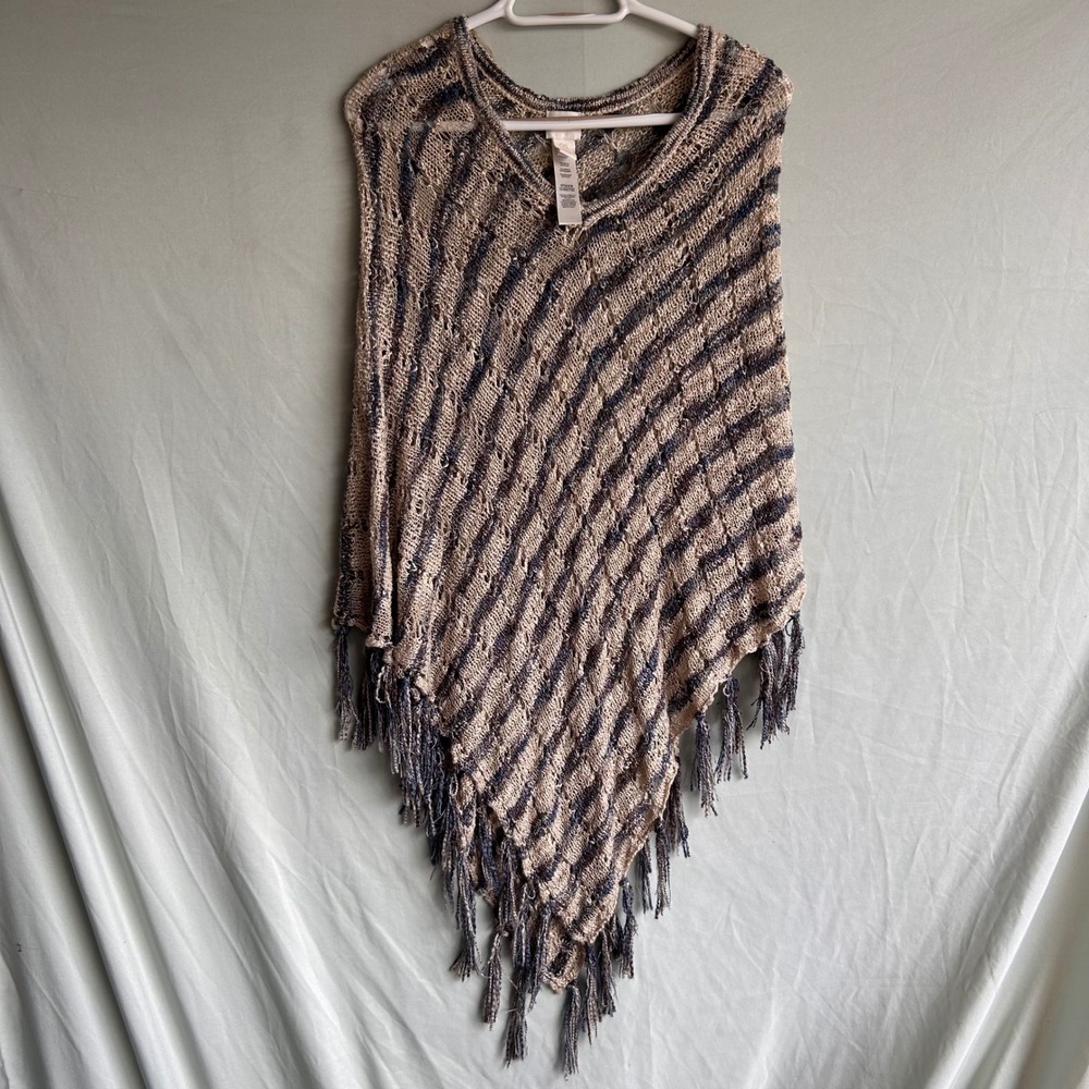 Chico's Womens OS Open Knit Fringed Poncho Shawl Beige Blue Boho Lightweight